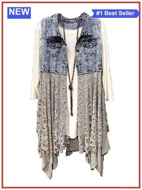 Ripped Denim Vest Sleeveless Lace Hem Cardigan Jean Waistcoat